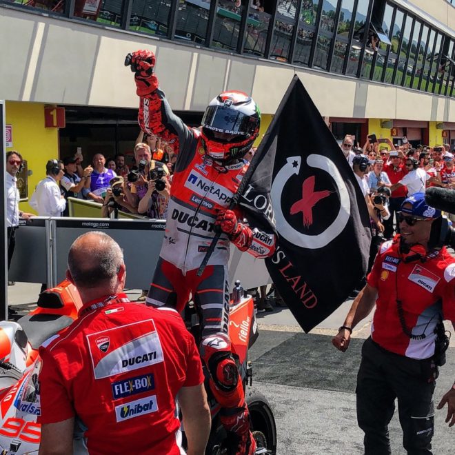 Lorenzo back to winning ways and leads Ducati 1-2 finish; Dovi, Rossi complete podium