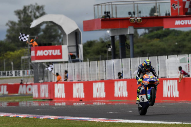 Baldassarri blasts clear of a spectacular Moto2 tussle; Masia takes maiden Moto3 win
